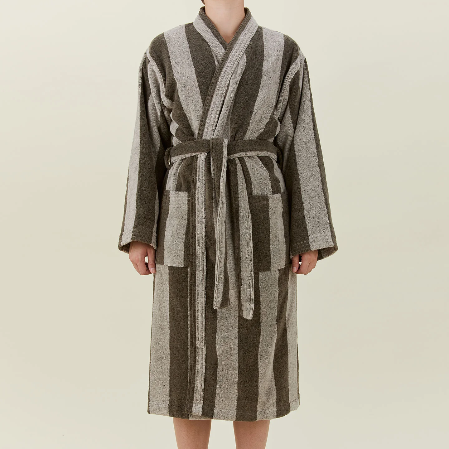 Simple Striped Terry Bathrobe - Light Grey/Dark Grey - Image 5